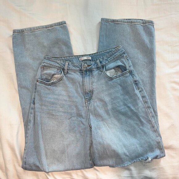 High rise wide leg ripped straight leg blue jeans - Picture 2 of 6